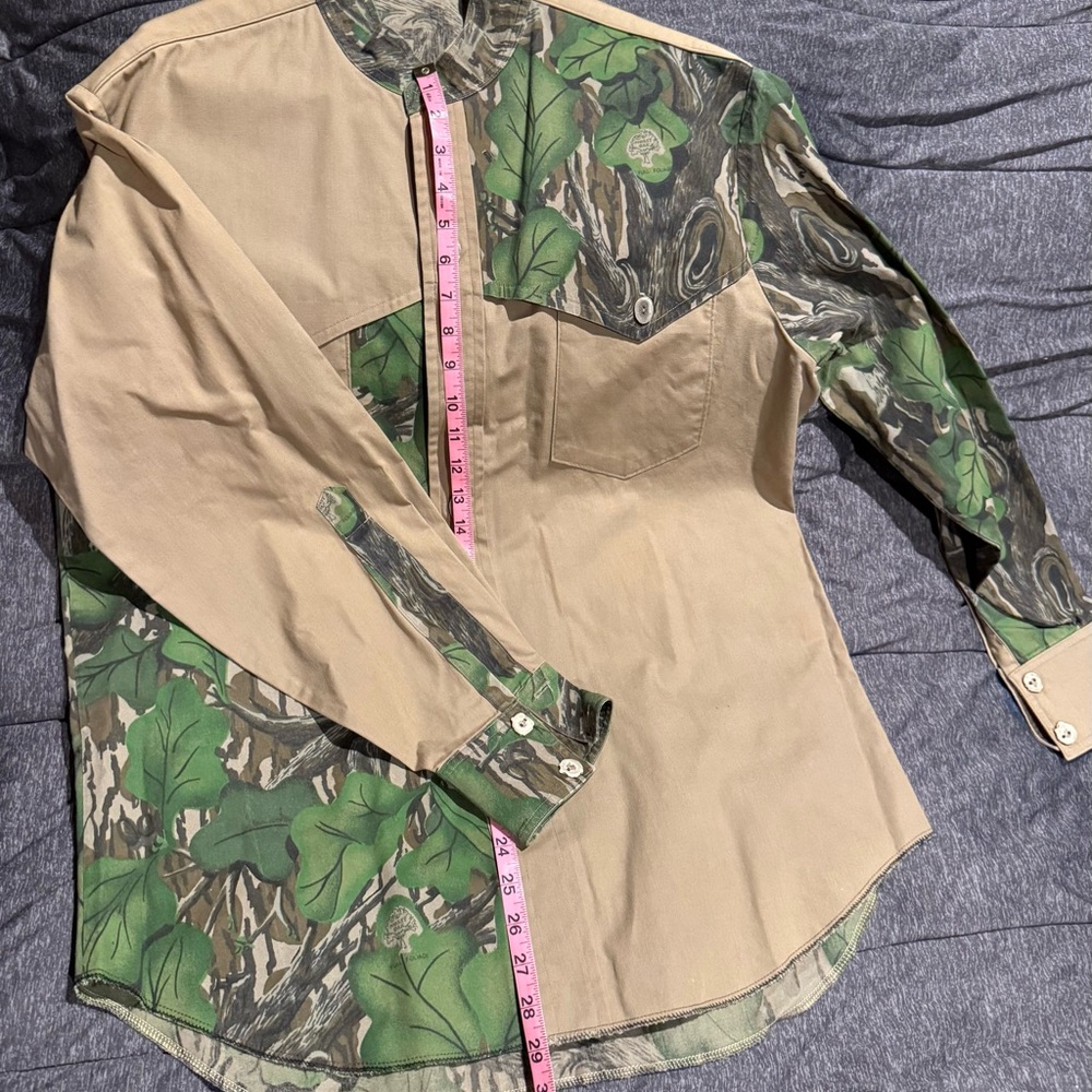 Men’s Handmade Camouflage and Tan long sleeved Button-Up Shirt  Size large.